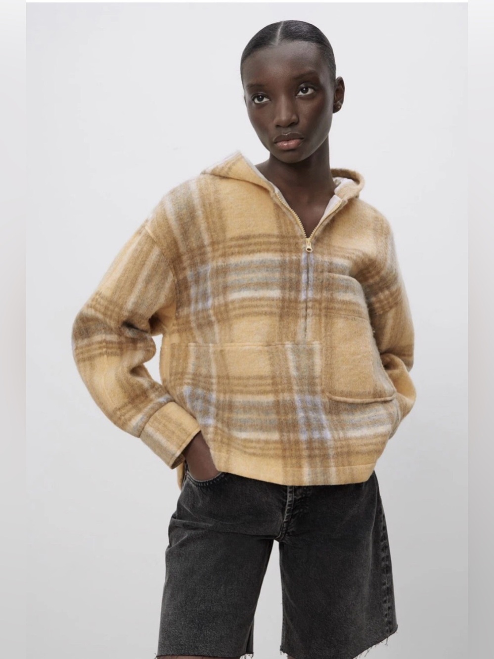 ZARA NWOT WOOL BLEND PLAID SWEATSHIRT YELLOW Size M